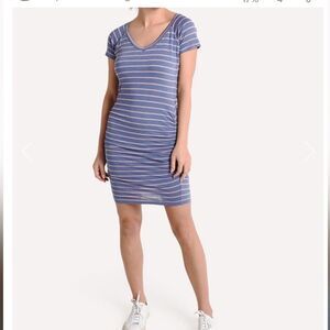 Anthropologie Sundry Blue Striped V Neck Dress With Shirred Sides - Size 0